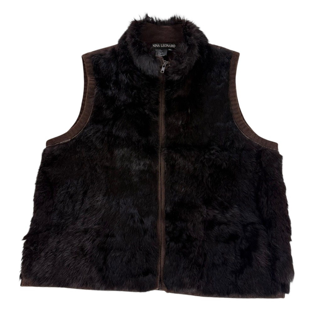Nina Leonard Women's Black Fur Vest Brown Back Zip Up‎ Luxury Style Size XL
